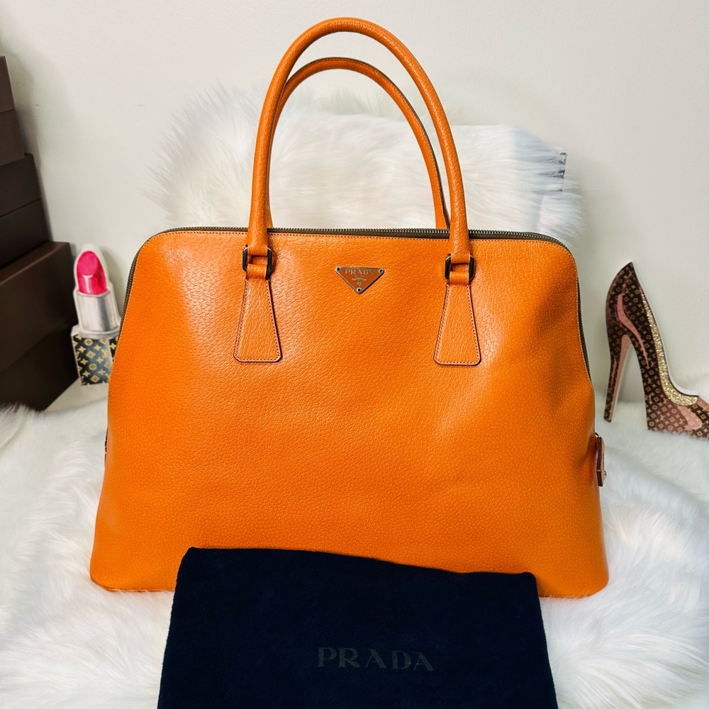 Prada Orange Pebbled Leather Dome Tote